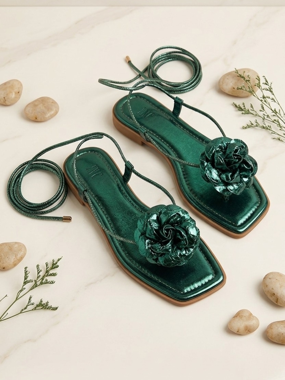 INC International Concepts Metallic Emerald Green Floral Tie-Up Sandals